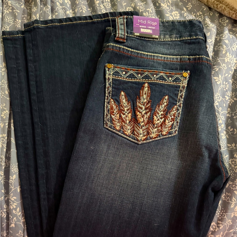 Rock & Roll Cowgirl Blue Boot Cut Jeans with Embroidered Design